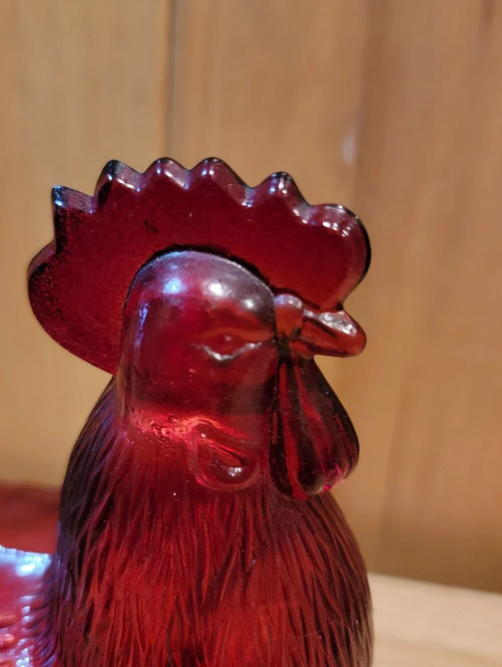 Vintage L.E. Smith Amberina Red Glass Standing Rooster Covered Candy Dish